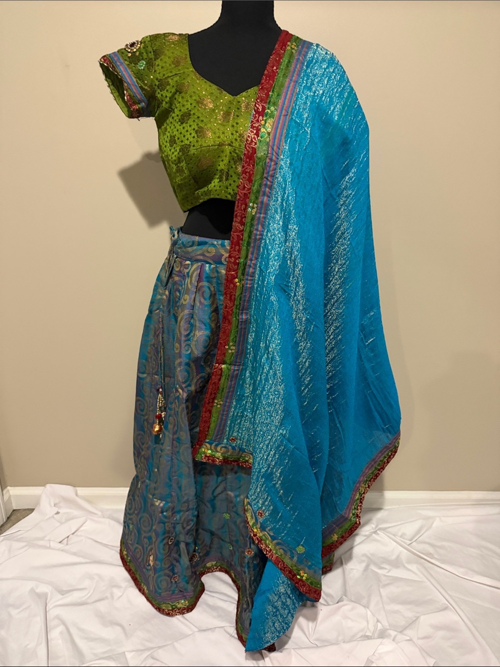 Traditional Women's Lehenga Skirt with Blue Dupatta and Green Blouse